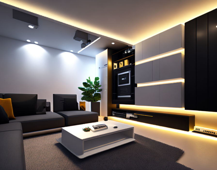 Contemporary black and white living room design with wall-mounted shelves and indoor plant