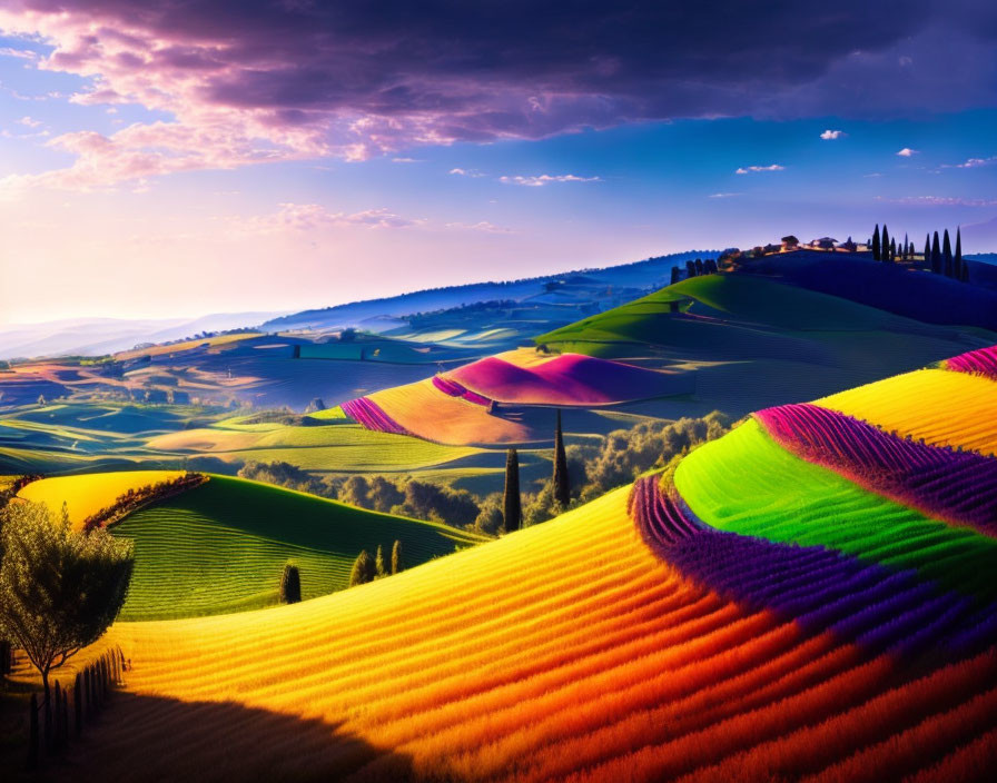 Vibrant multi-colored stripes on rolling hills under a dramatic purple sunset sky
