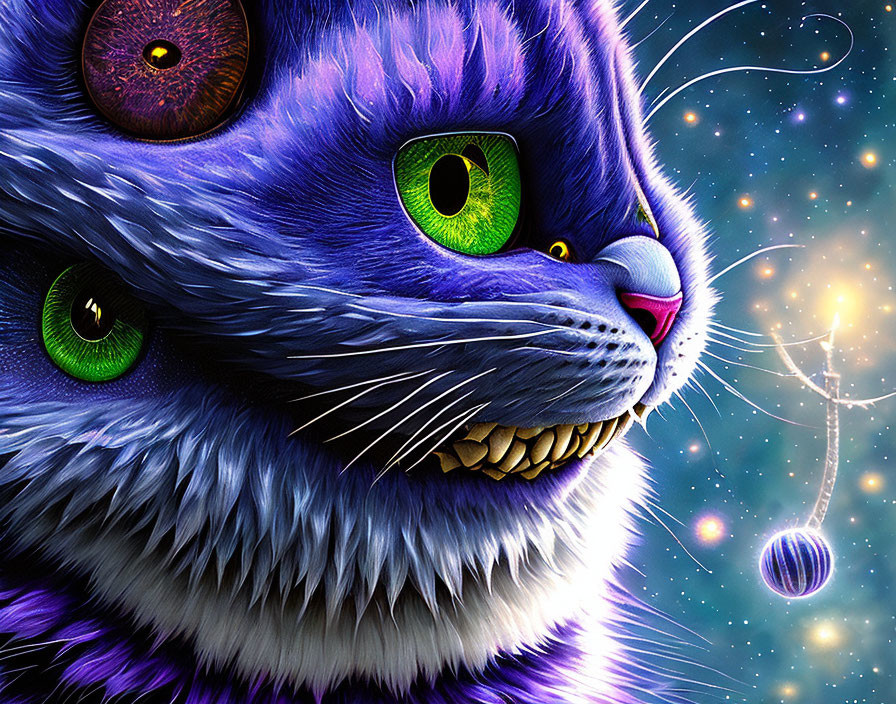 Vivid illustration of fantastical purple cat with green eyes on cosmic background