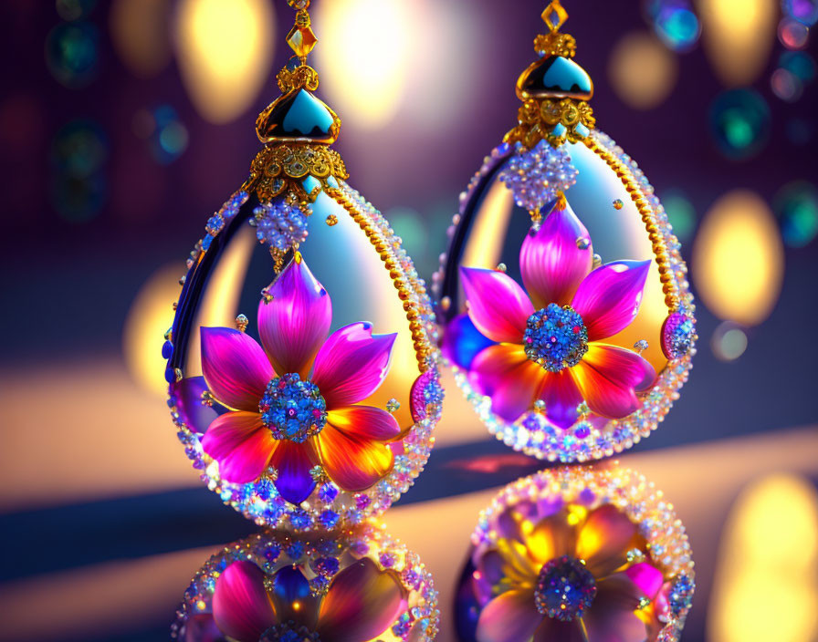 Colorful digital art of jeweled eggs with pink and purple flowers on bokeh background