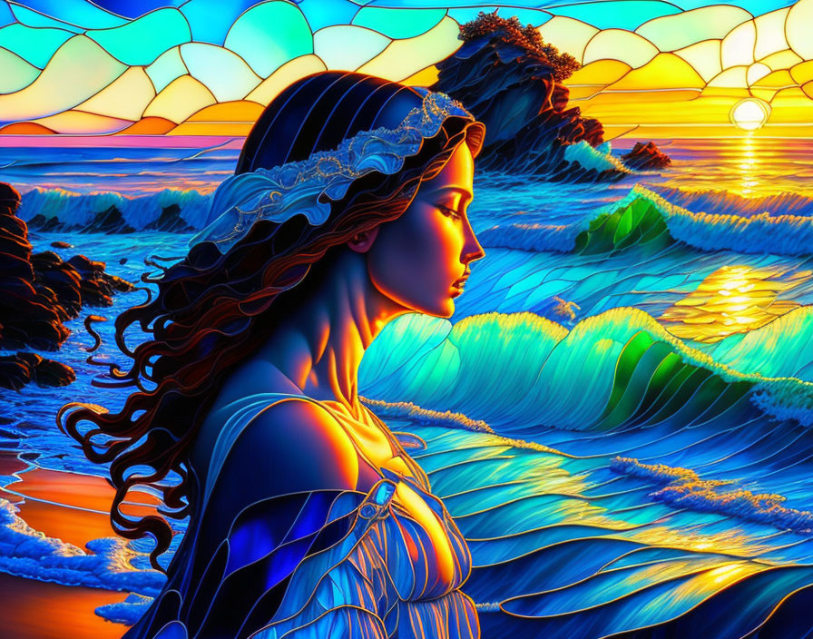 Stylized profile of a woman with sea and sunset backdrop in vibrant blues and oranges