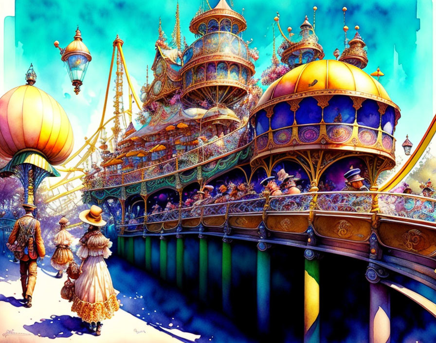 Detailed Fantasy Cityscape with Ornate Buildings and Floating Vessels