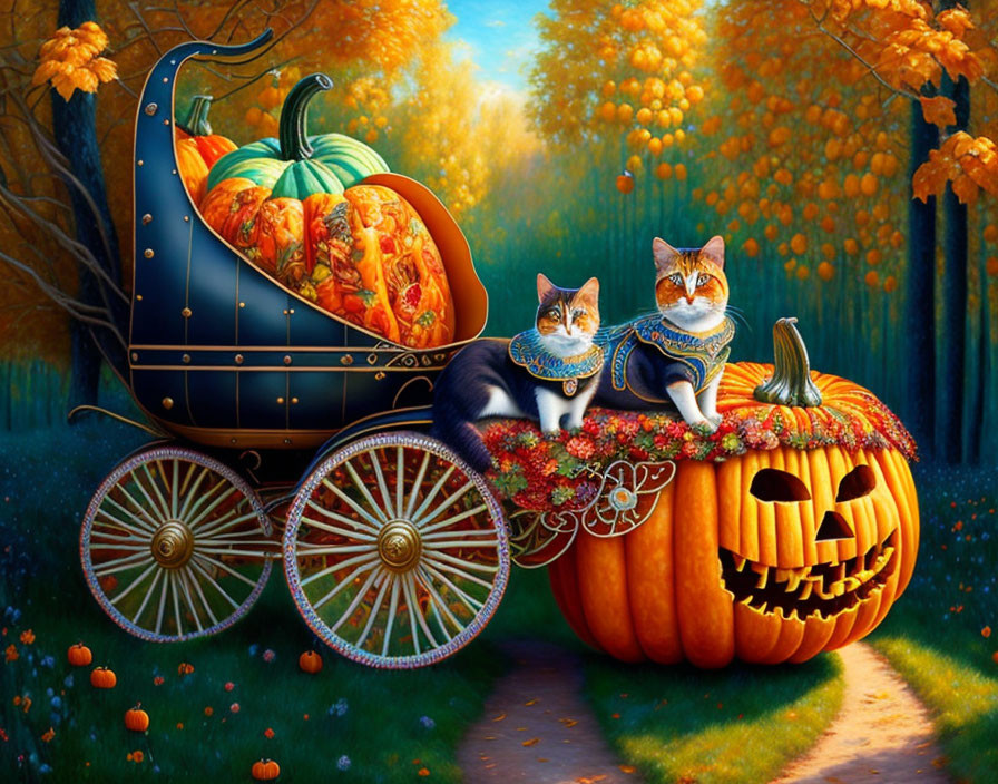 Vibrant autumn scene: Cats on pumpkins, carriage-like gourd arrangement, fall foliage,
