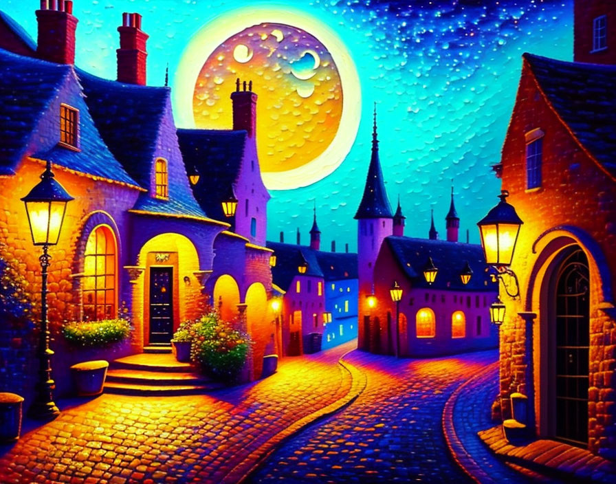 Colorful Painting: Cobbled Street at Night with Moon & Stars