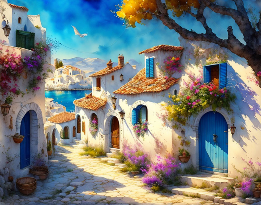 Scenic Mediterranean village: colorful flowers, cobblestone streets, whitewashed houses, blue doors