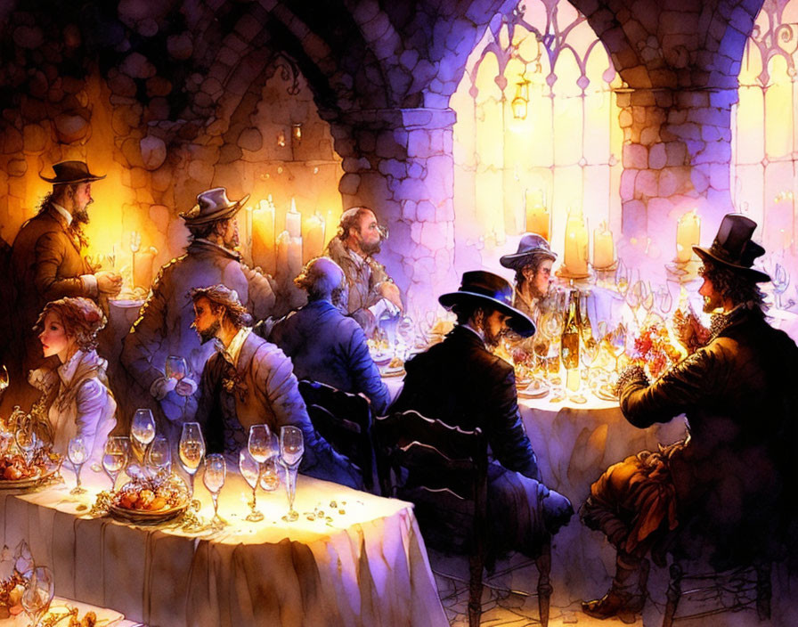 Illustrated cozy medieval banquet scene with candlelit table and warmly-dressed guests conversing.