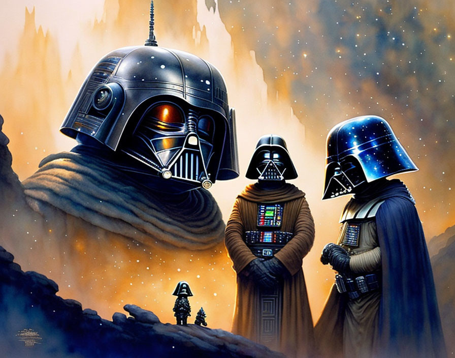 Three Star Wars Characters in Helmets on Desert Terrain Under Starry Sky