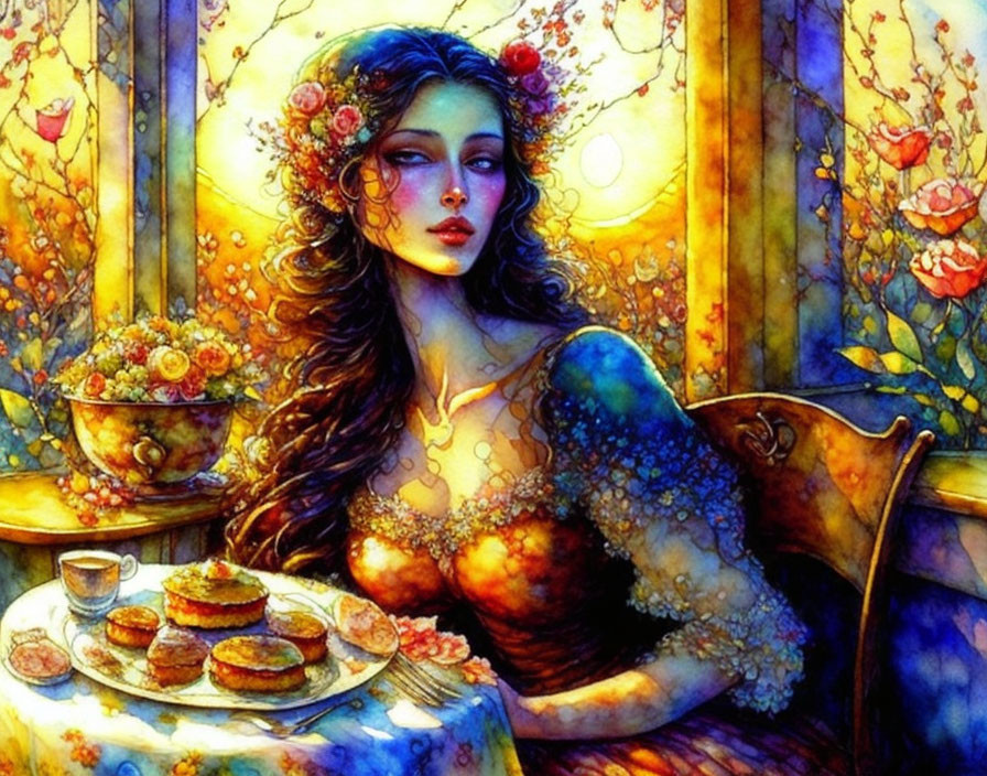 Illustrated woman with flowing hair and flowers by window, surrounded by vibrant flora and pastries.