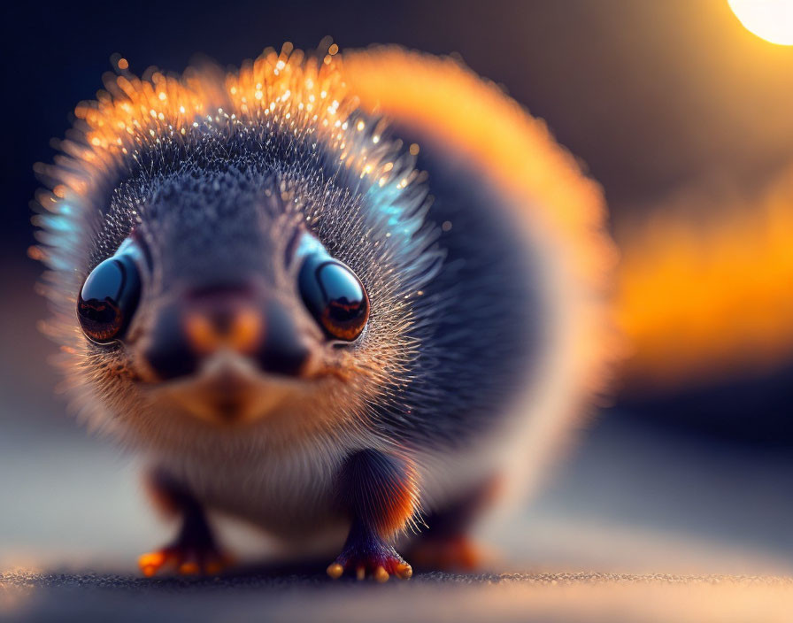 Whimsical cartoon creature with large shiny eyes at sunset