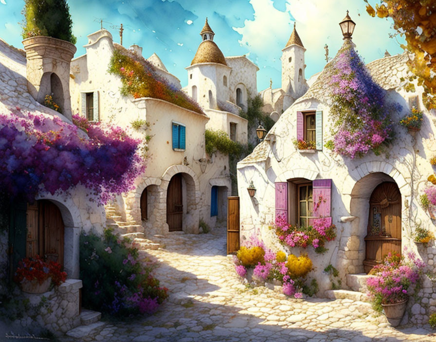 Vibrant village scene: cobblestone paths, white stone houses, colorful doors, lush flowers