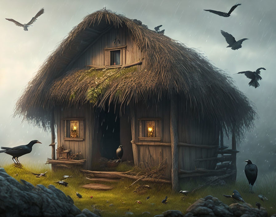 Thatched cottage with crows under stormy sky