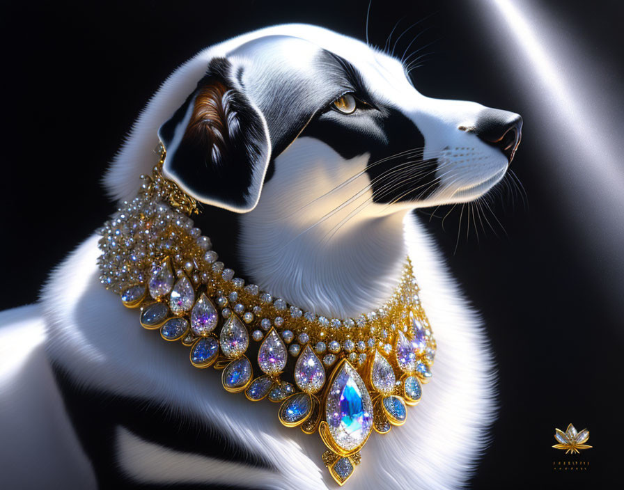 Black and White Dog Wearing Golden Jeweled Necklace on Dark Background