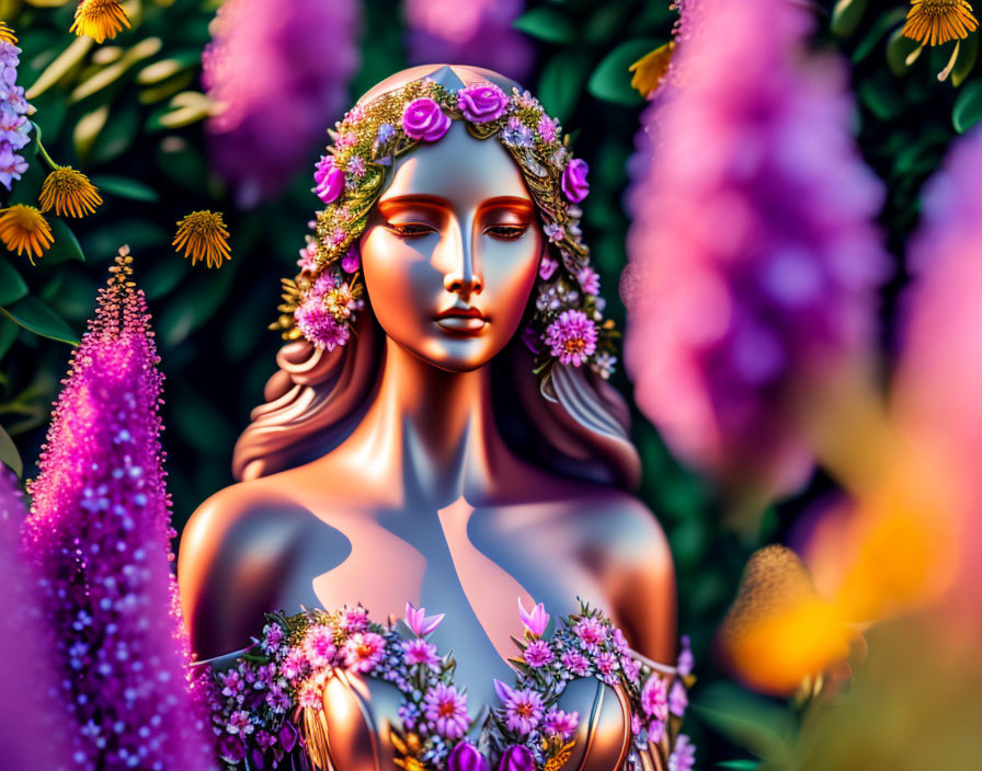 Illustrated woman with floral headpiece in serene setting
