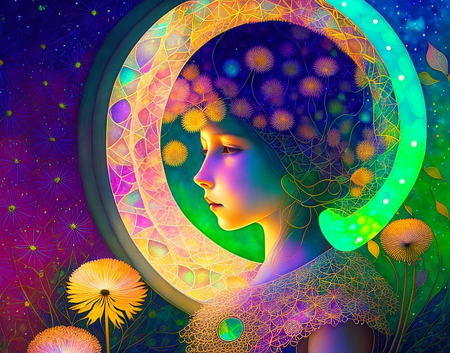 Vibrant digital art: girl with dandelion motifs in neon hues