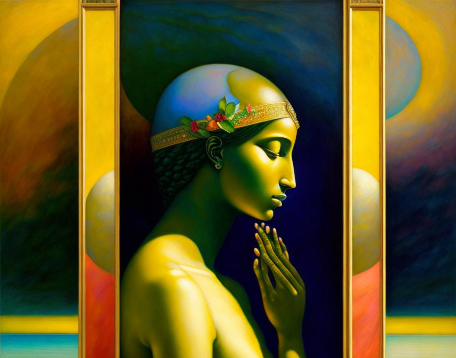 Profile portrait of woman with golden headband and flowers, praying hands, against vibrant triptych.