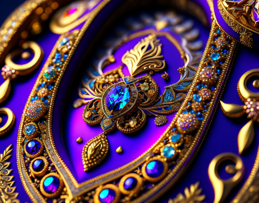 Jewel-encrusted gold object with blue gemstone on purple background