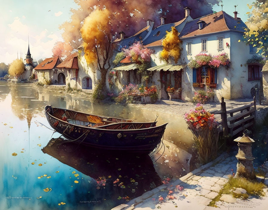 Autumn village with colorful trees, river, houses, and rowboat