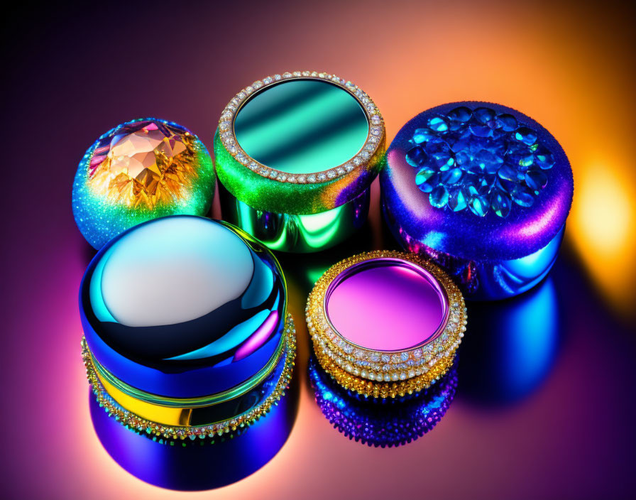 Colorful Makeup and Jewelry Containers with Gem-like Tops on Reflective Purple Background
