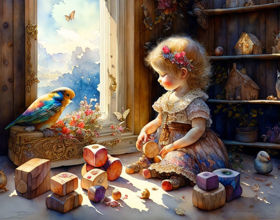 Young girl playing with letter blocks next to a window with colorful bird and butterflies.