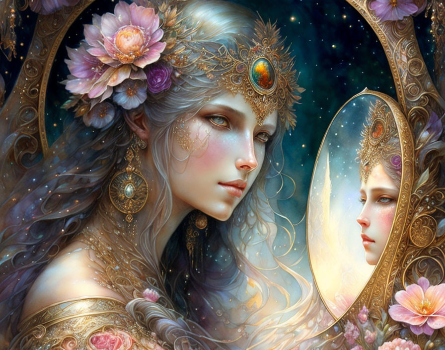 Ethereal woman with elaborate jewelry and floral crown gazes into mirror