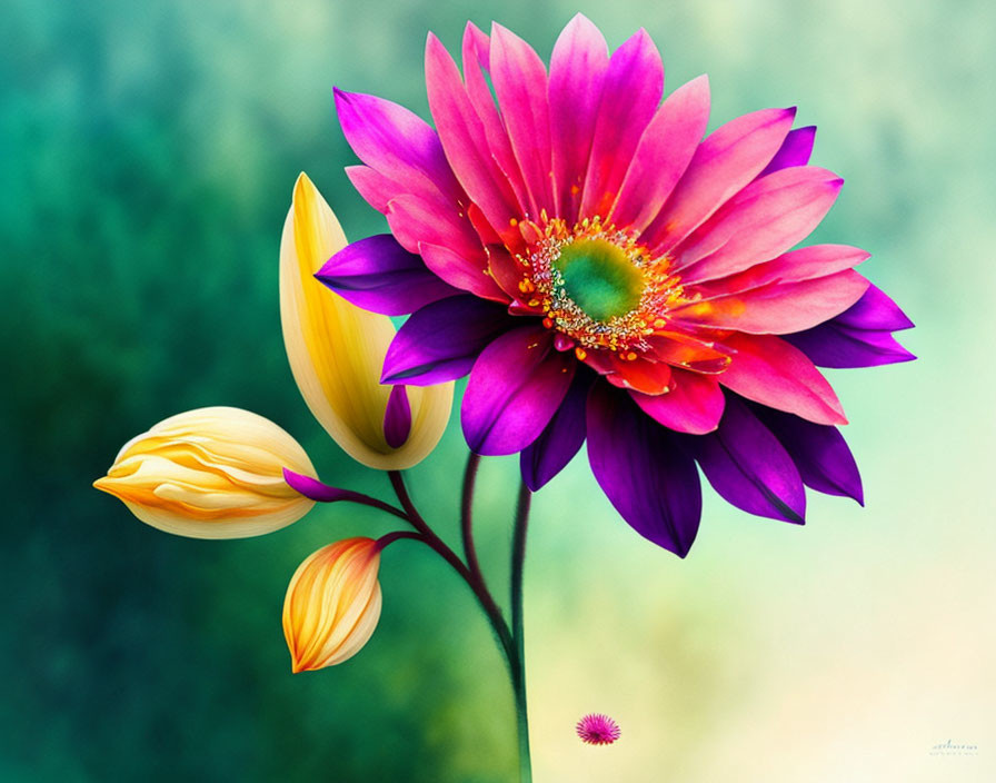 Colorful digital artwork: Purple dahlia with blooming flower and green bokeh background