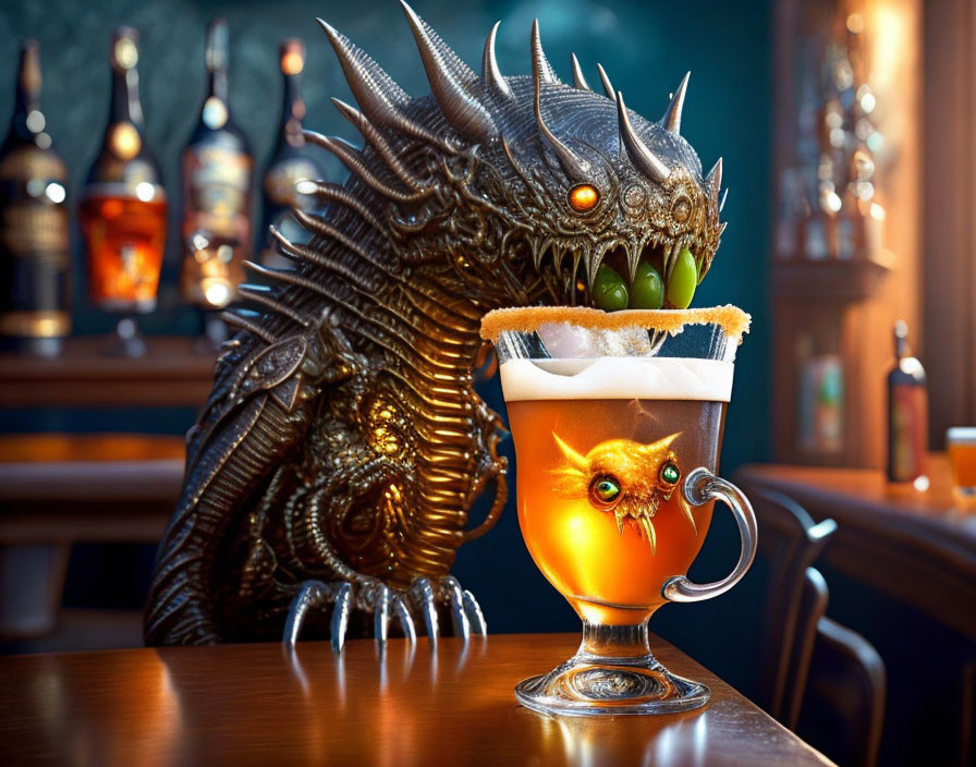 Whimsical owl garnished cocktail in dragon-themed cup on bar counter