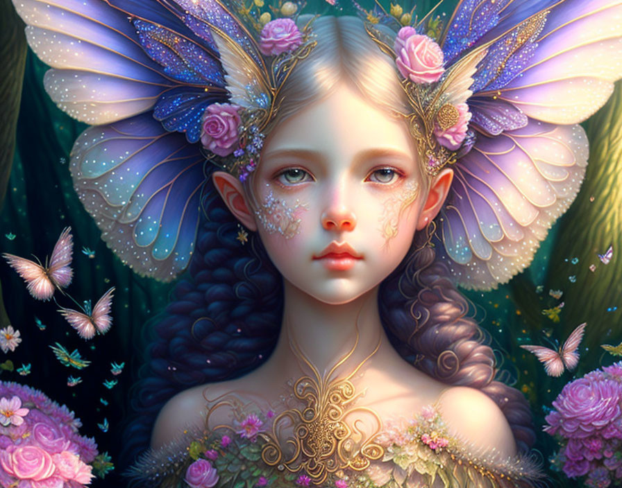 Young girl with butterfly wings in mystical garden