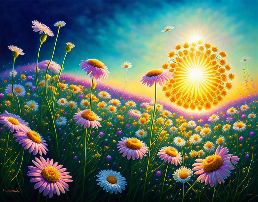 Colorful Field of Daisies Under Stylized Sun