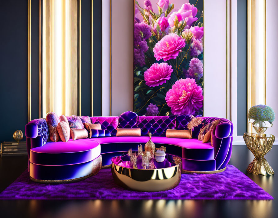 Modern living room with purple sectional sofa, floral wall art, bright lights, metallic coffee table, and
