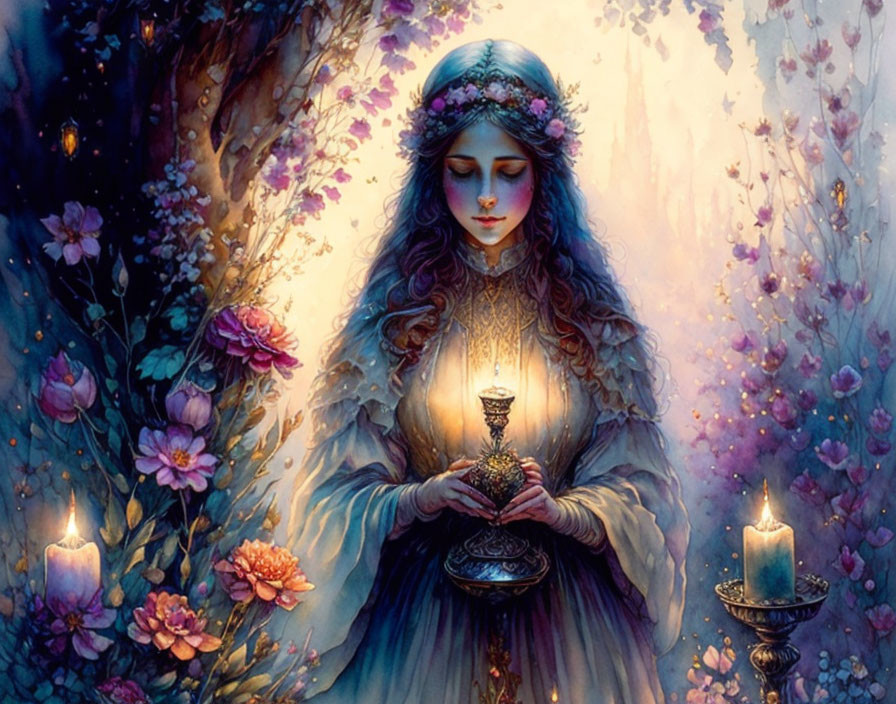 Woman in mystical forest with lantern and floral crown among flowers.