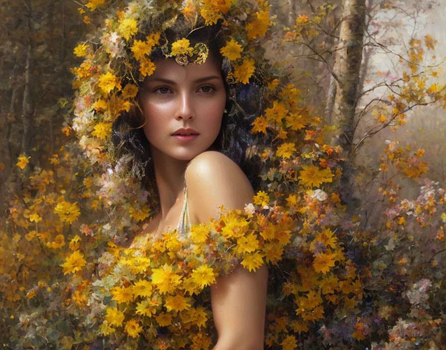 Woman in Yellow Flower Crown Surrounded by Floral Backdrop