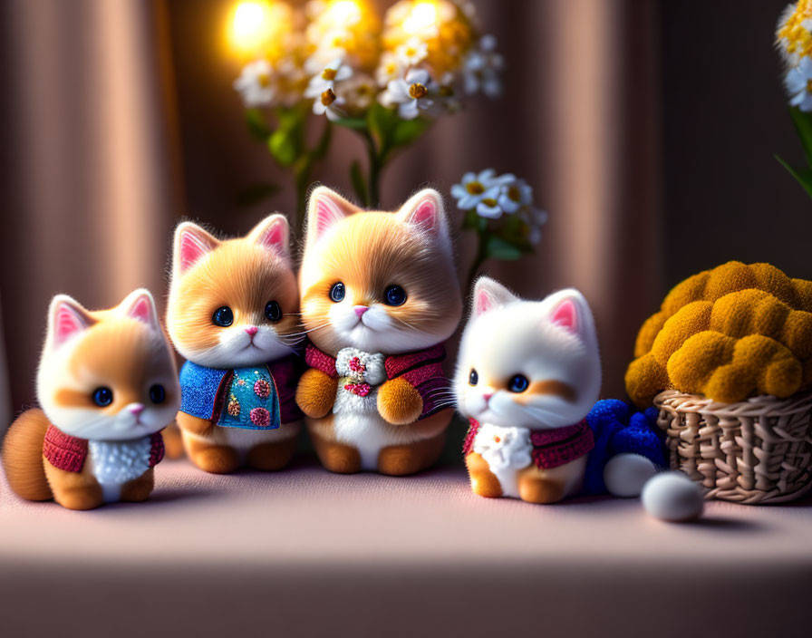 Colorful Sweater Toy Kittens Displayed by Window with Flowers