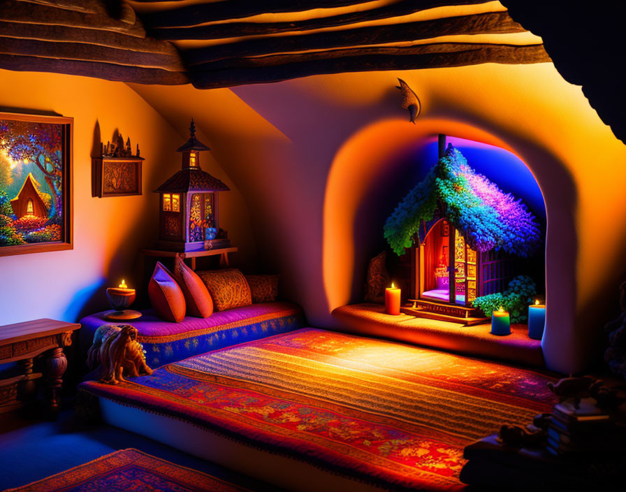 Warmly Lit Room with Patterned Rugs, Pillows, Bench, and Archway