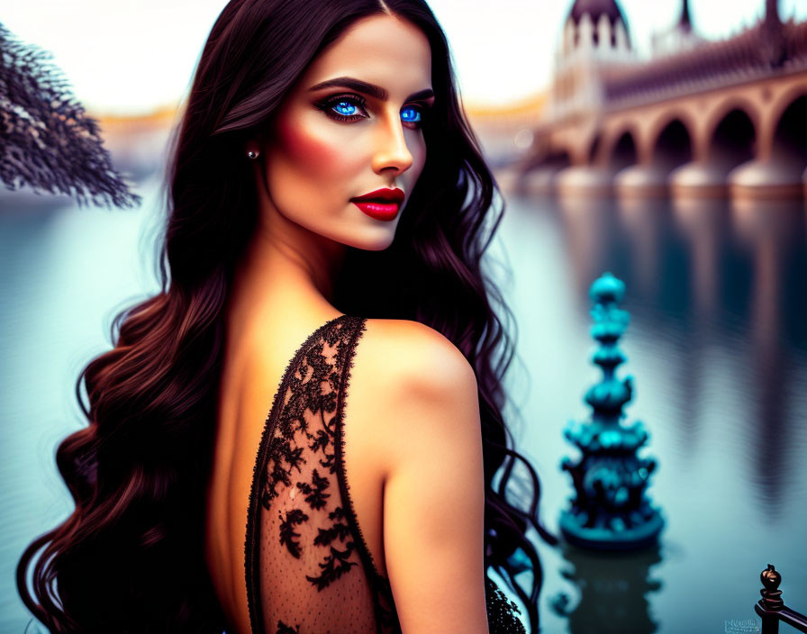 Dark-haired woman in black lace dress by water with ornate bridge