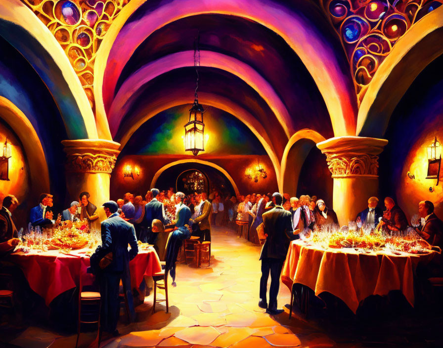 Opulent banquet in a colorful, chandelier-lit room