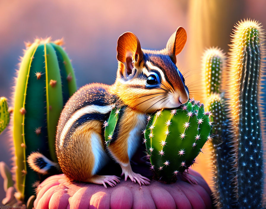 Chipmunk on pink cactus flower under golden sunlight with green cactus