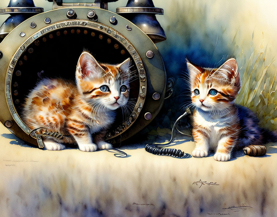 Two kittens with old-fashioned diving helmet and watch