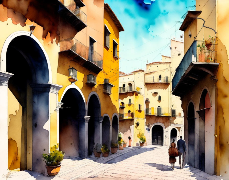 Sunlit street in quaint old town with arches and yellow buildings