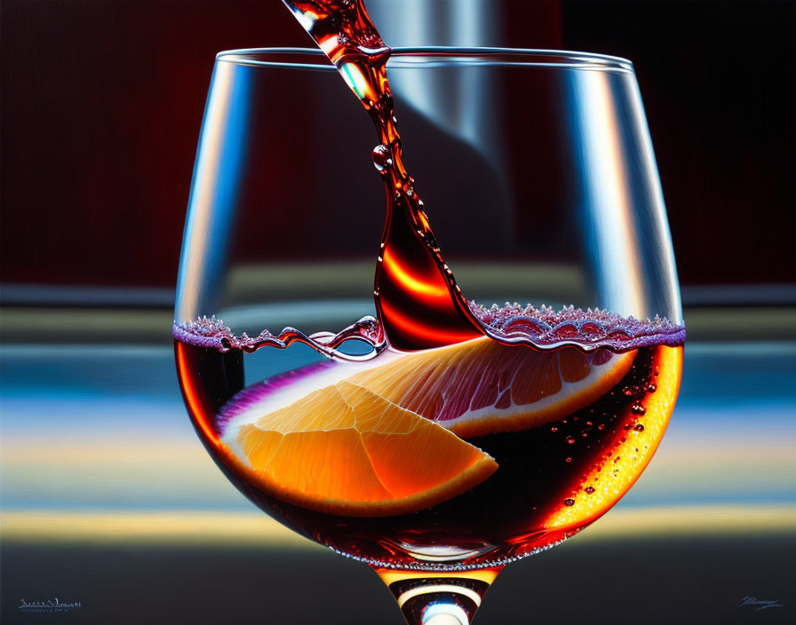 Vibrant red wine poured into glass with colorful background