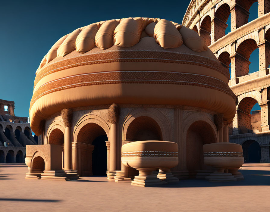 Classical dome structure with arches in 3D render against Colosseum-like backdrop