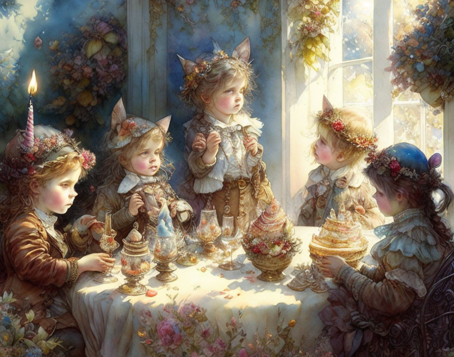 Kids in fantasy costumes at whimsical tea party with ornate tableware amid flowers