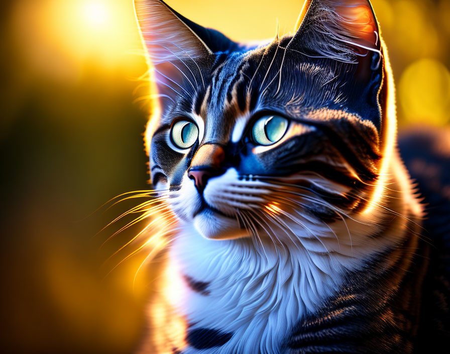 Tabby Cat with Striking Blue Eyes Backlit by Golden Sunlight