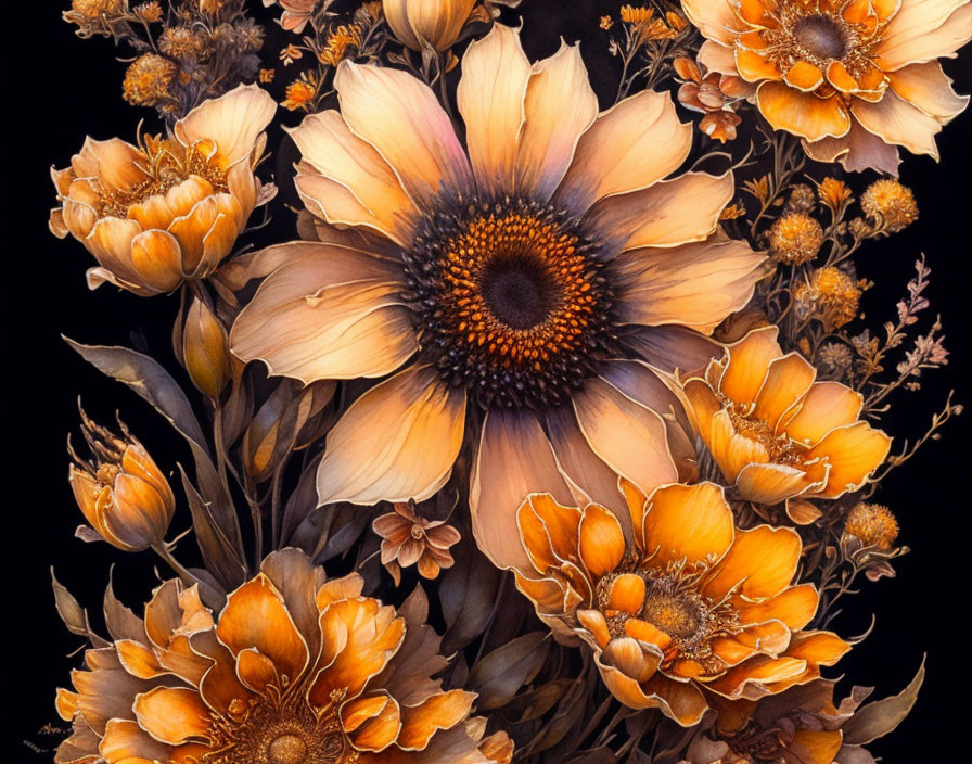 Colorful painting of orange and yellow flowers on dark background