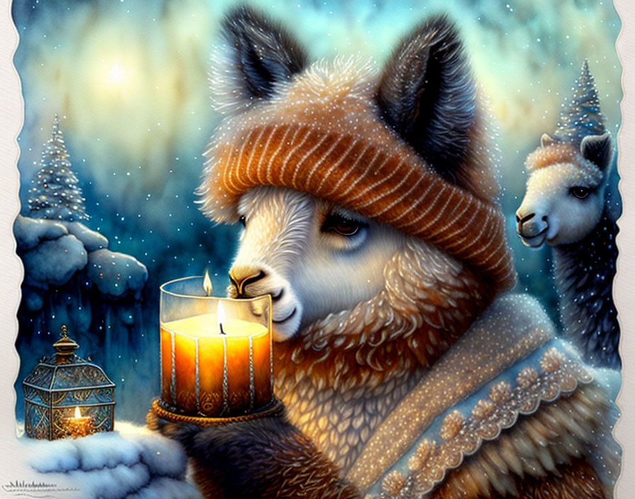 Illustration of cozy alpaca in snowy twilight with lantern