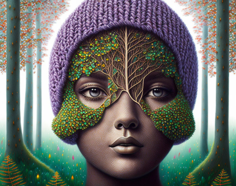 Surreal portrait with nature elements and forest backdrop