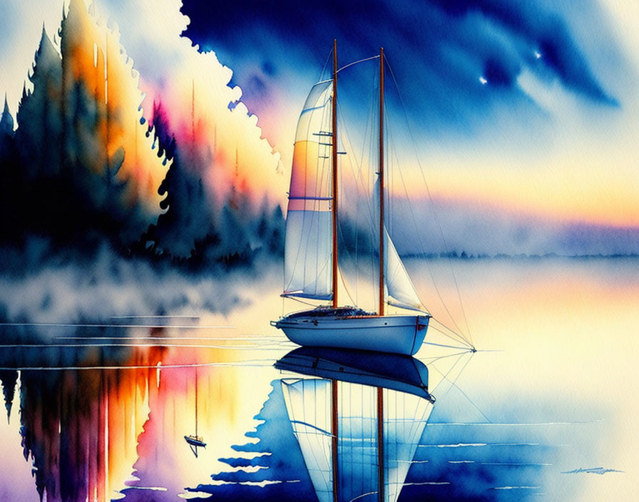 Vibrant watercolor painting: sailboat on calm waters, mirrored reflection, trees, sunset sky