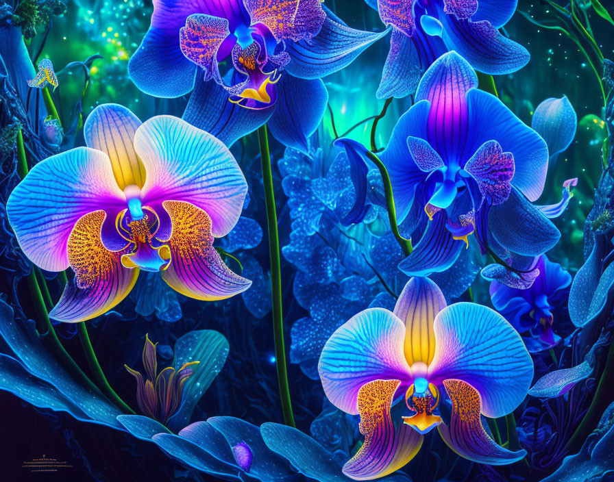 Glowing blue and purple orchids in mystical forest scenery