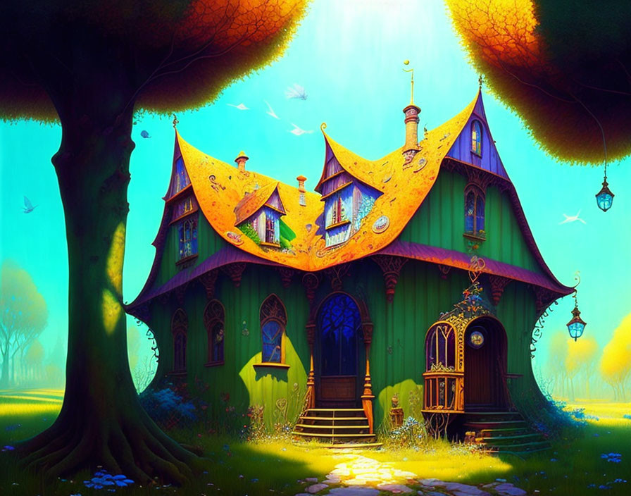Colorful Cartoon-Style Illustration of Cozy House in Lush, Magical Setting