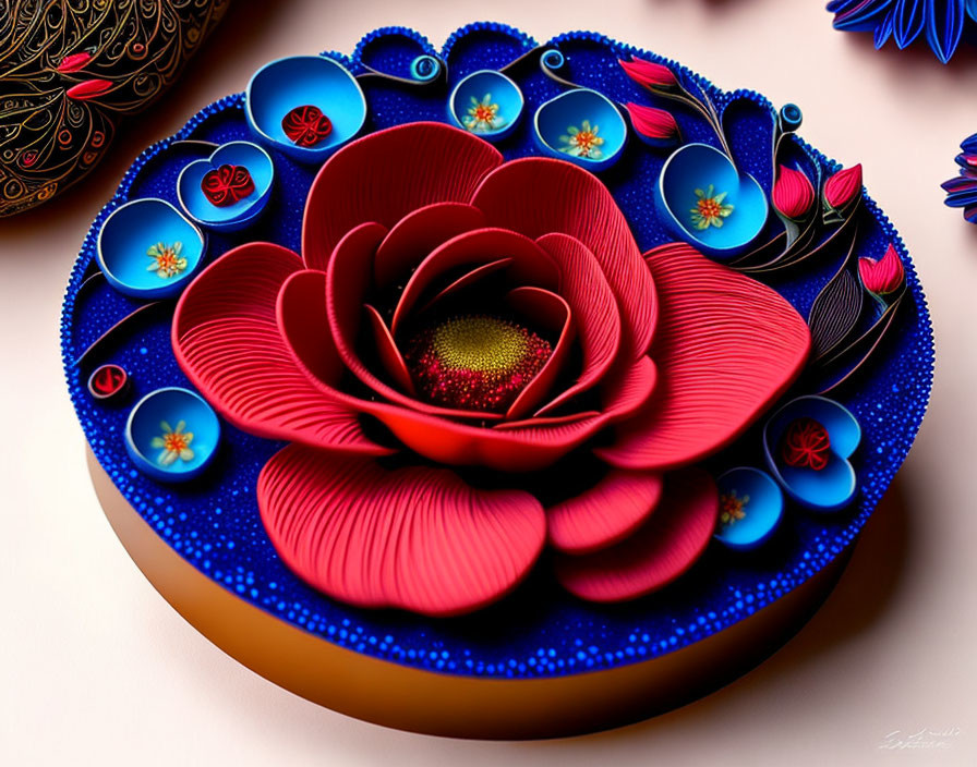 Colorful digital artwork: Red flower with blue petals on dark background