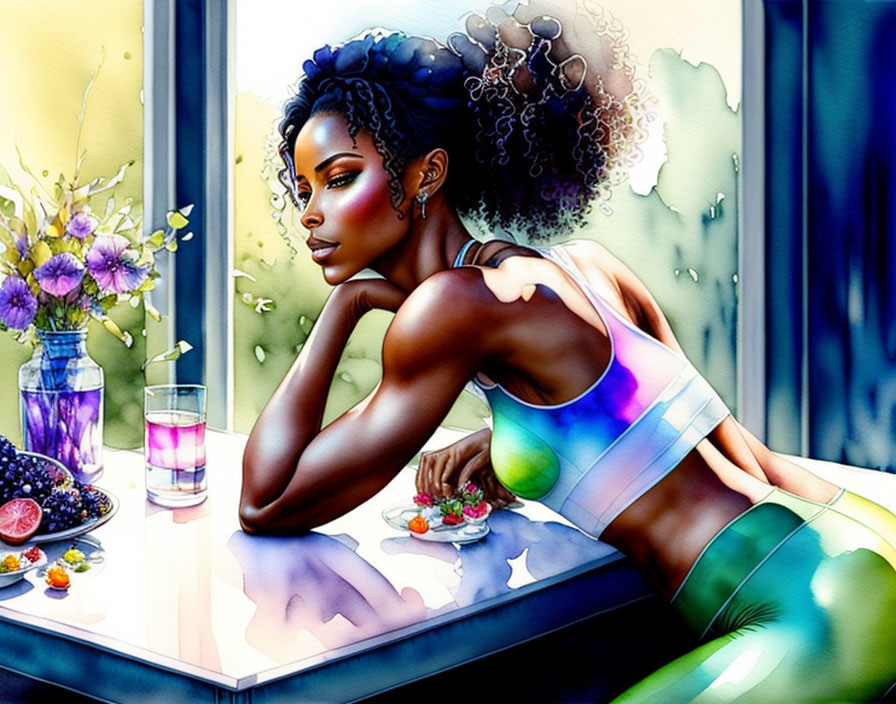 Colorful Workout Attire Woman Resting Chin on Hand Surrounded by Flowers and Fruit